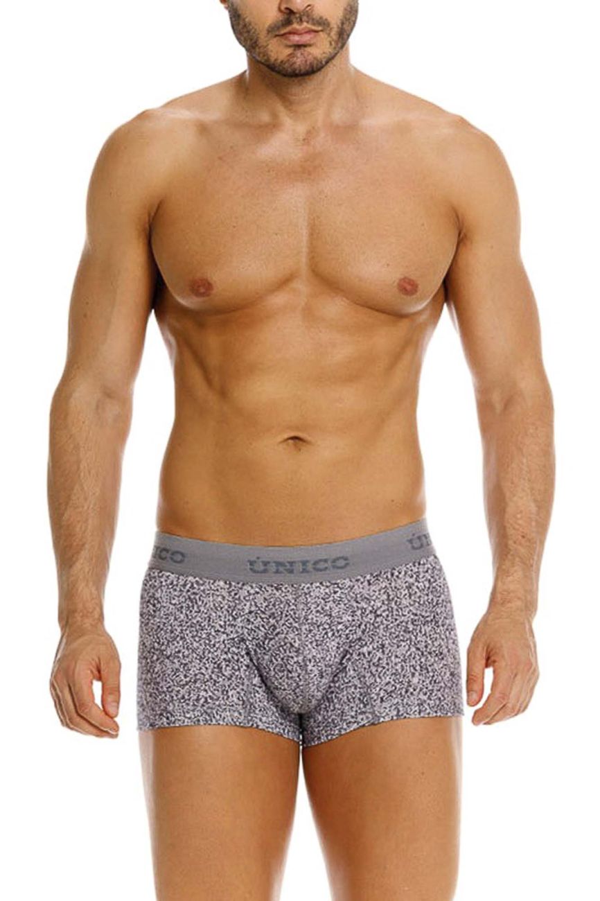 Unico 26020100114 suede trunks in gray with white speckles and solid gray waistband featuring unico brand name