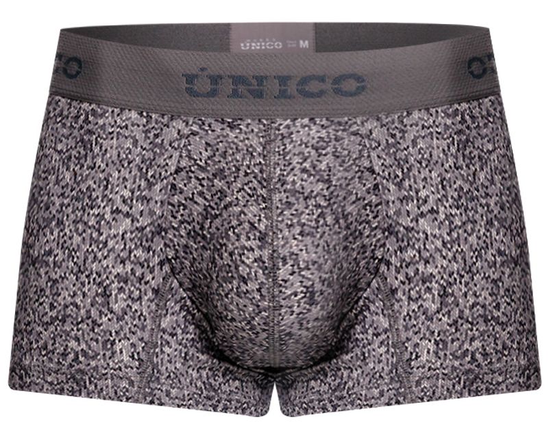 Unico 26020100114 suede trunks gray speckled men’s boxer briefs with black pattern and branded elastic waistband
