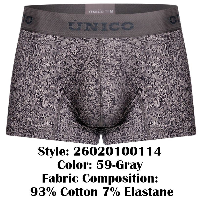 Gray patterned men’s boxer briefs with a textured suede design and unico elastic waistband color 59 gray
