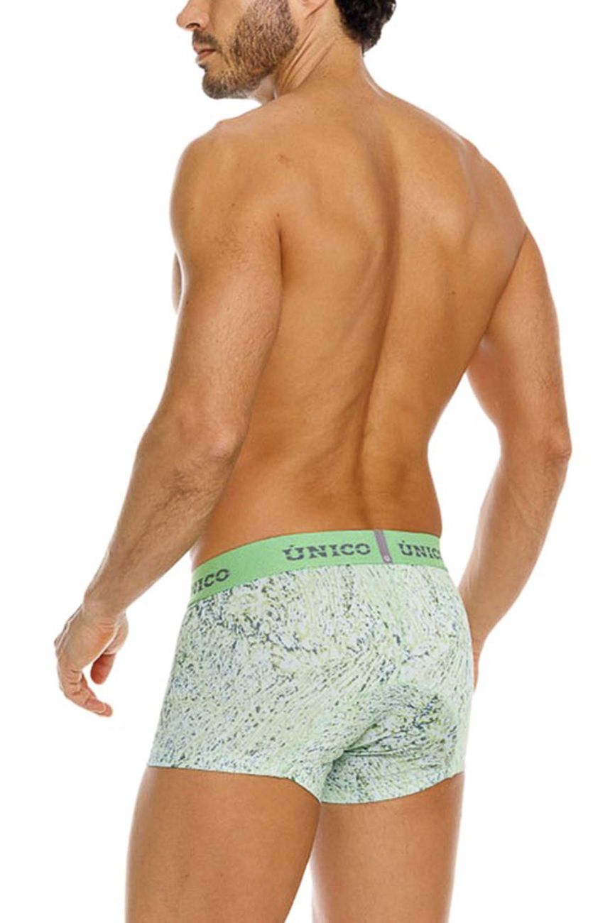 Light green patterned Unico 26020100115 Hunos trunks with matching elastic waistband featuring brand name