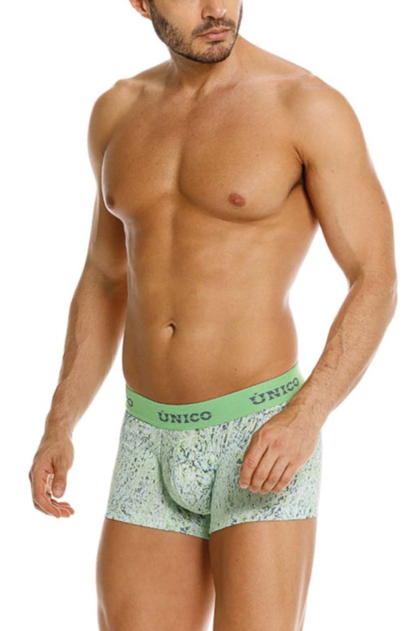 Unico 26020100115 hunos trunks green light green patterned boxer briefs with lime-green unico waistband