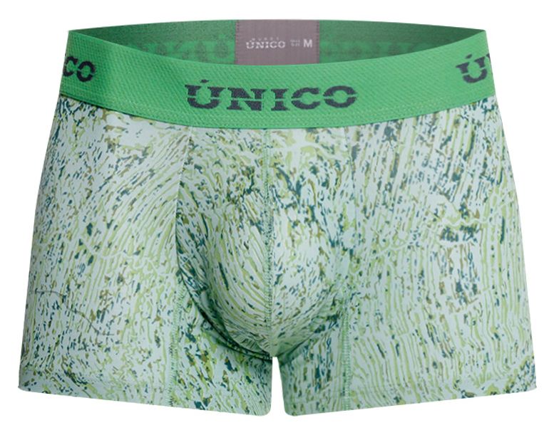 Green patterned boxer briefs with textured abstract design and unico brand name on waistband color 43 Green