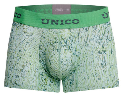 Green patterned boxer briefs with textured abstract design and unico brand name on waistband color 43 Green