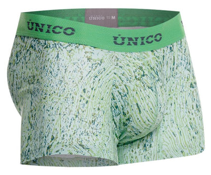 Green patterned unico men’s boxer briefs with matching elastic waistband in color 43 green for comfortable wear