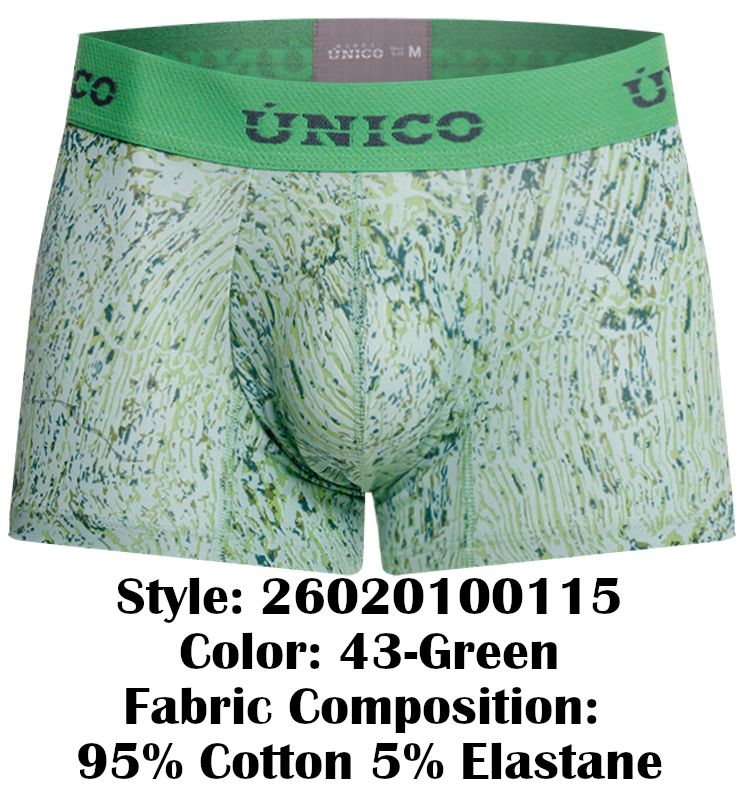 Green patterned boxer briefs with a solid green waistband featuring unico branding in color 43 green