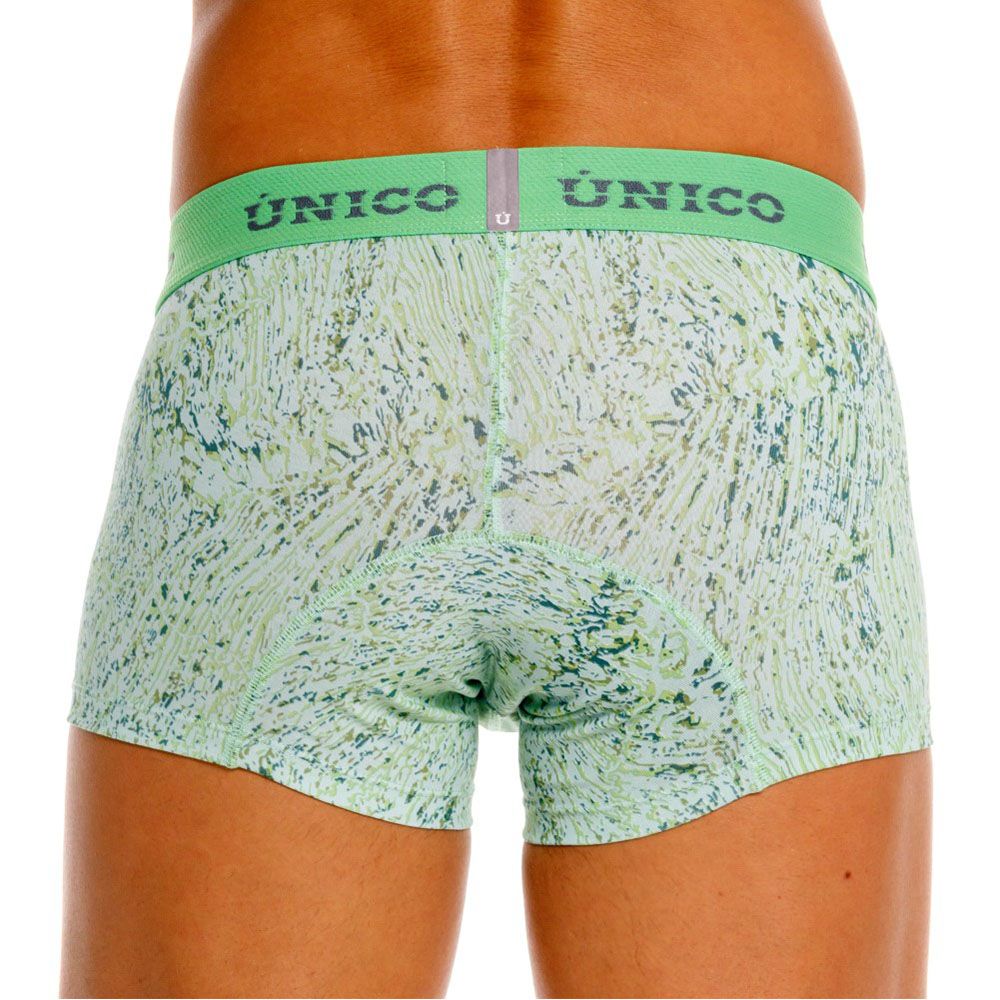 Light green patterned Unico 26020100115 Hunos trunks with matching elastic waistband featuring Unico brand name