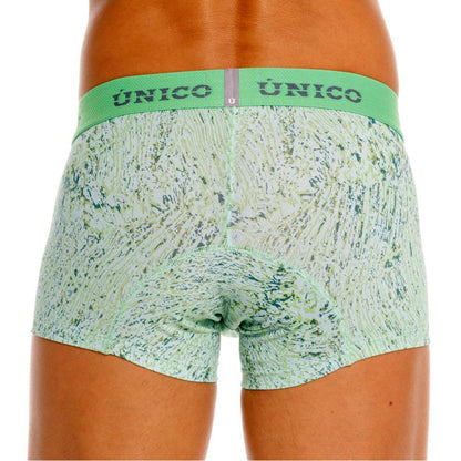 Light green patterned Unico 26020100115 Hunos trunks with matching elastic waistband featuring Unico brand name