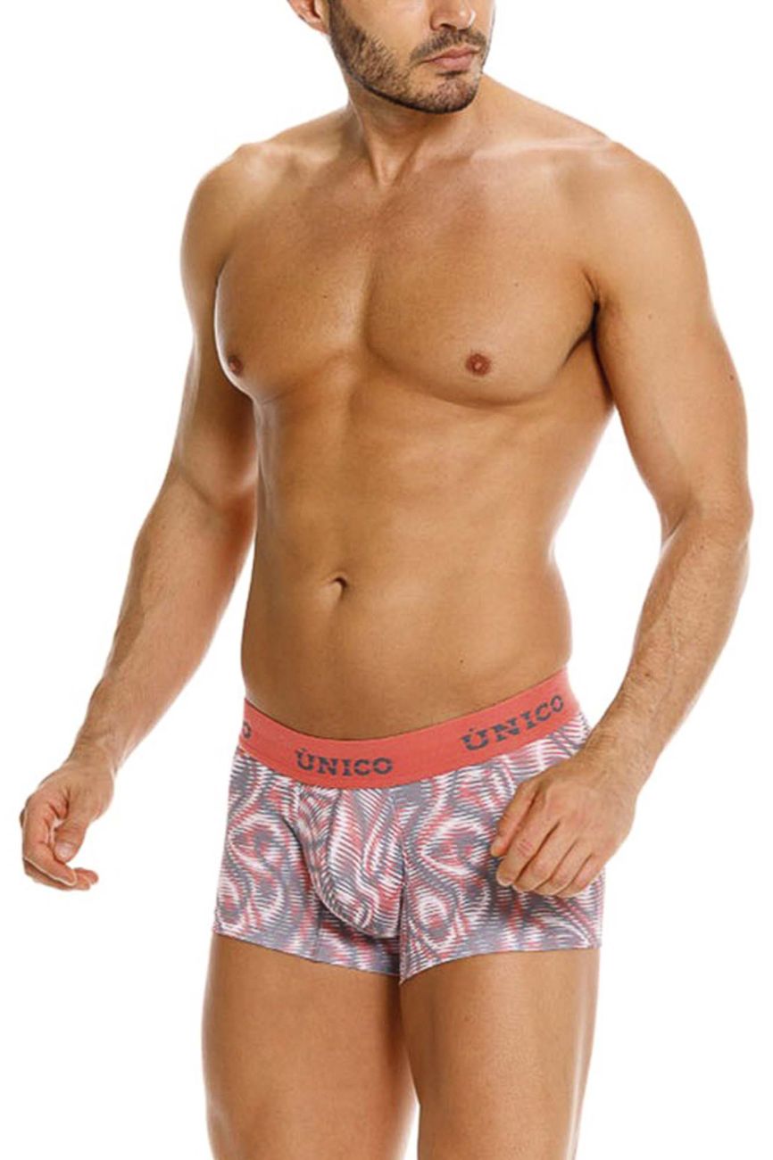 Men’s unico 26020100116 acanalado trunks pink boxer briefs with pink and gray abstract fabric and coral waistband