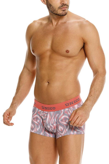 Men’s unico 26020100116 acanalado trunks pink boxer briefs with pink and gray abstract fabric and coral waistband