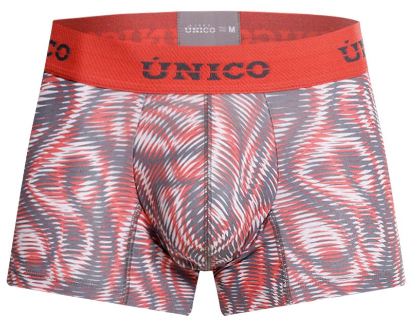 Unico 26020100116 acanalado trunks men’s boxer briefs with bold red and gray abstract wave pattern in color 22 pink