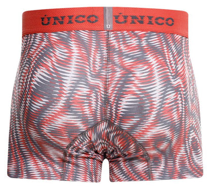 Unico 26020100116 acanalado trunks in pink with red and gray bold swirling patterns designed for comfortable wear