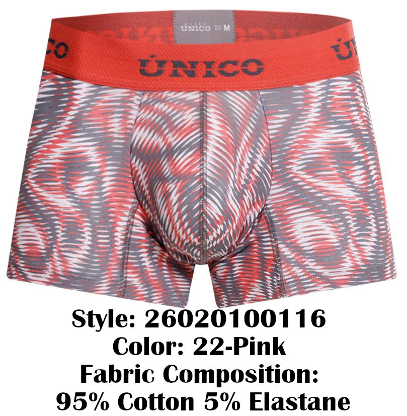 Unico acanalado trunks color 22-pink men’s boxer briefs with red and gray bold abstract wave pattern