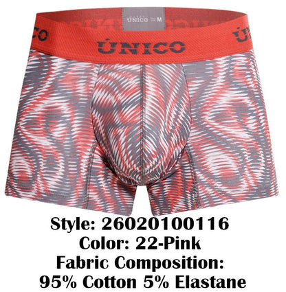 Unico acanalado trunks color 22-pink men’s boxer briefs with red and gray bold abstract wave pattern