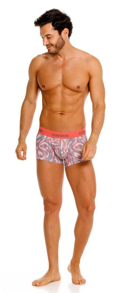 Unico acanalado trunks patterned boxer briefs with vibrant pink waistband and swirling gray white and black design