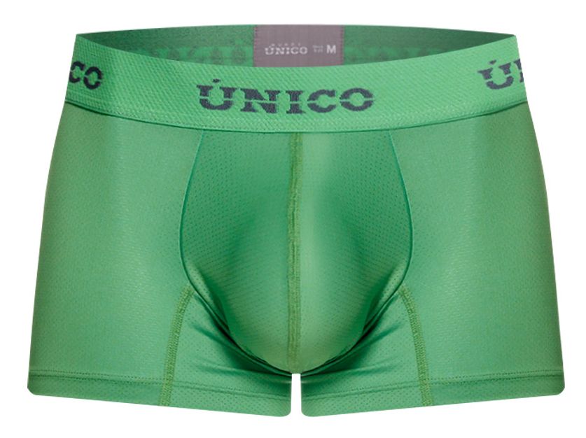 Green unico men’s boxer briefs with matching elastic waistband and dark gray brand lettering color 43-green