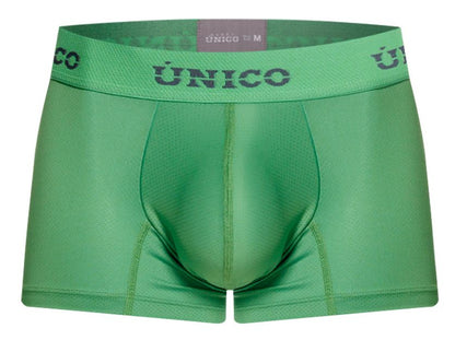 Green unico men’s boxer briefs with matching elastic waistband and dark gray brand lettering color 43-green