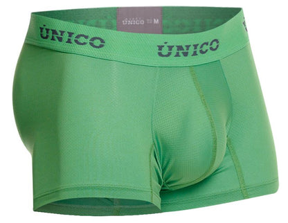 Green unico men’s boxer briefs with supportive contoured design and elastic waistband featuring brand name in dark gray