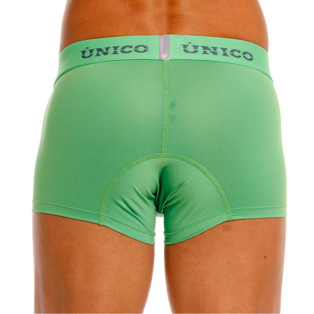 Green unico men’s cycling briefs frog trunks color 43 with padded seat area and textured fabric back side view