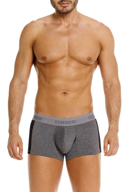 Gray heathered unico men’s boxer briefs with black side panels and branded waistband in color 59-gray