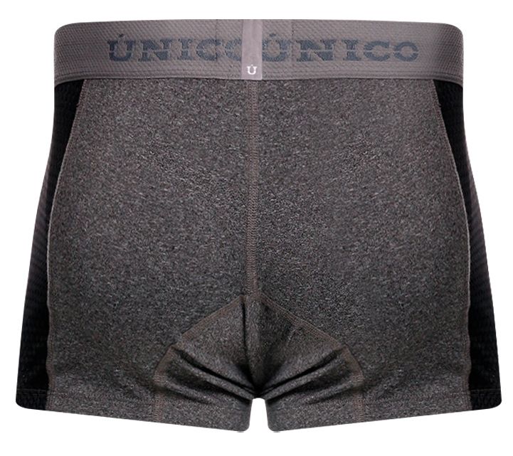 Gray heathered boxer briefs with black side panels and matching waistband featuring unico brand name