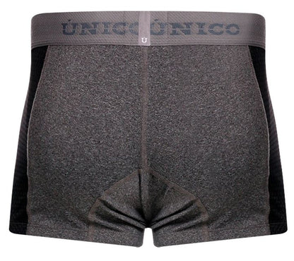 Gray heathered boxer briefs with black side panels and matching waistband featuring unico brand name