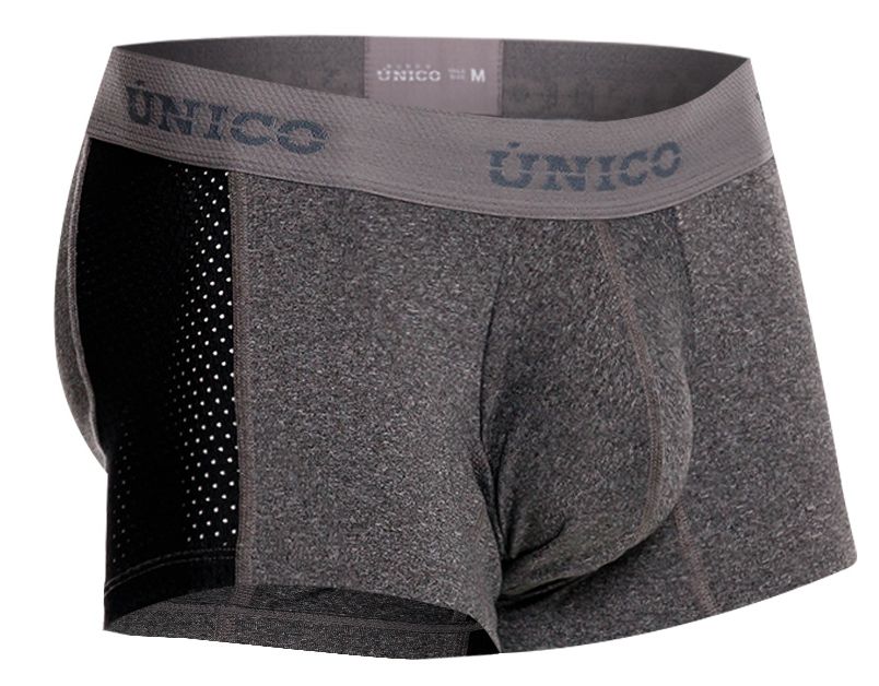 Gray textured men’s boxer briefs with black mesh side panel and unico branded waistband from unico 26020100121 brio trunks