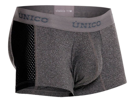 Gray textured men’s boxer briefs with black mesh side panel and unico branded waistband from unico 26020100121 brio trunks