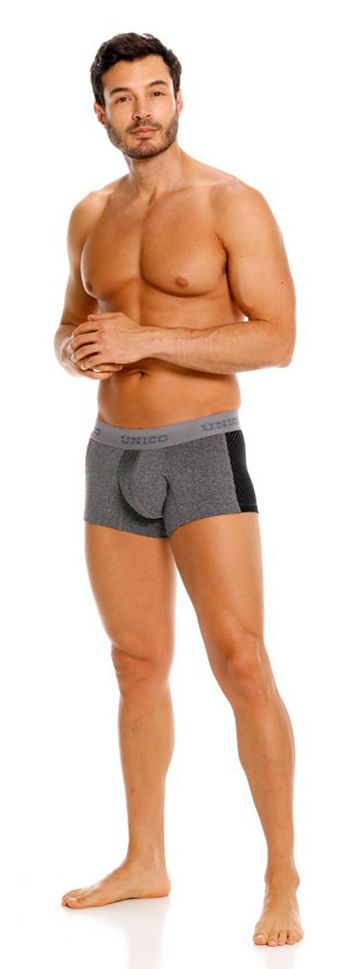 Gray and black unico 26020100121 brio trunks briefs with textured fabric waistband featuring brand name