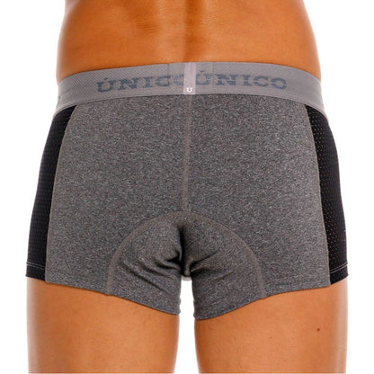 Gray and black Unico 26020100121 Brio men’s cycling shorts with textured fabric perforated panels and elastic waistband