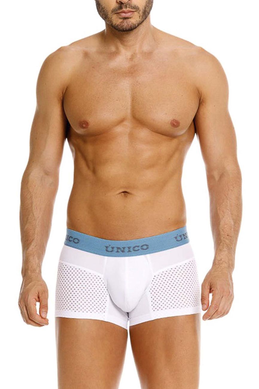 White unico 26020100122 sedoso trunks with light blue waistband and perforated mesh panels on the sides