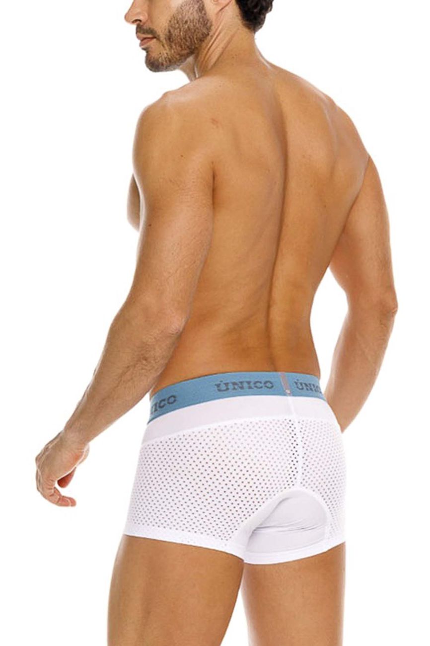 White unico 26020100122 sedoso trunks mesh briefs with light blue elastic waistband and unico brand name