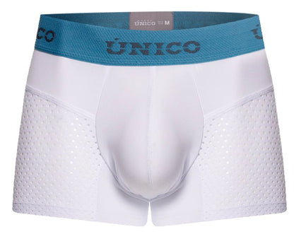 White unico 26020100122 sedoso men’s boxer briefs with teal waistband and perforated side panels