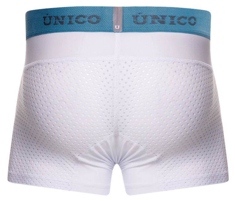 White perforated Unico 26020100122 sedoso boxer briefs with light blue elastic waistband and Unico brand name