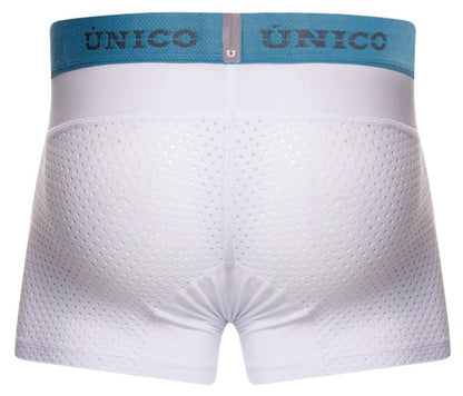 White perforated Unico 26020100122 sedoso boxer briefs with light blue elastic waistband and Unico brand name