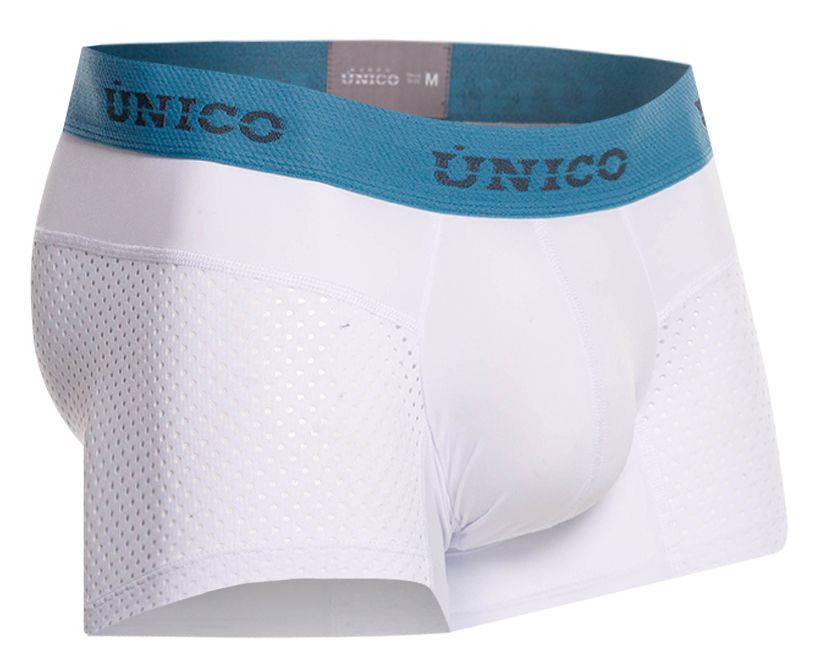 White unico men’s boxer briefs with blue elastic waistband branded unico and perforated mesh side panels in color white