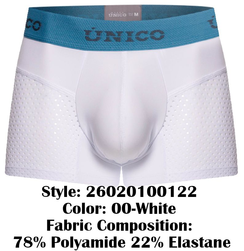 White unico 26020100122 sedoso men’s boxer briefs with teal waistband and perforated side panels