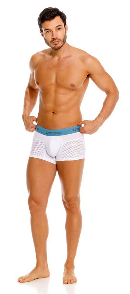 White mesh unico 26020100122 sedoso trunks with light blue elastic waistband in white color