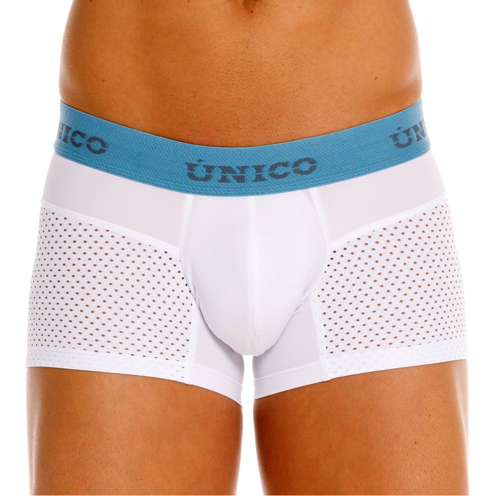 White unico 26020100122 sedoso trunks with blue waistband and perforated side panels for breathable comfort