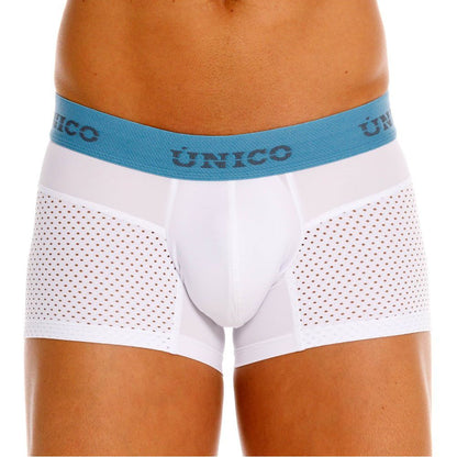 White unico 26020100122 sedoso trunks with blue waistband and perforated side panels for breathable comfort