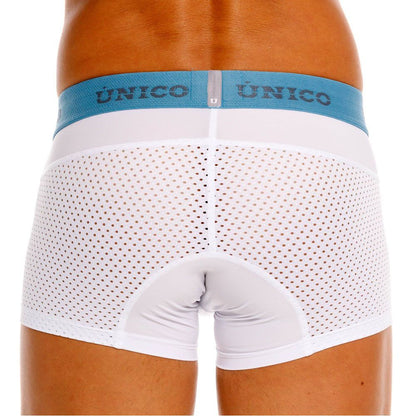 White perforated sedoso trunks with light blue único branded waistband in color 00-white for comfortable wear