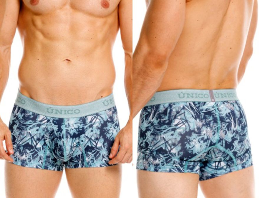 Blue and white abstract patterned boxer briefs with light blue unico waistband in color 43 blue trunks style