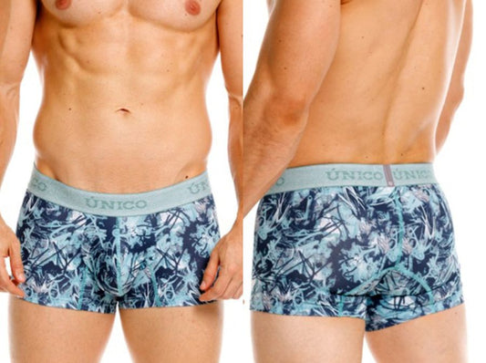 Blue and white abstract patterned boxer briefs with light blue unico waistband in color 43 blue trunks style