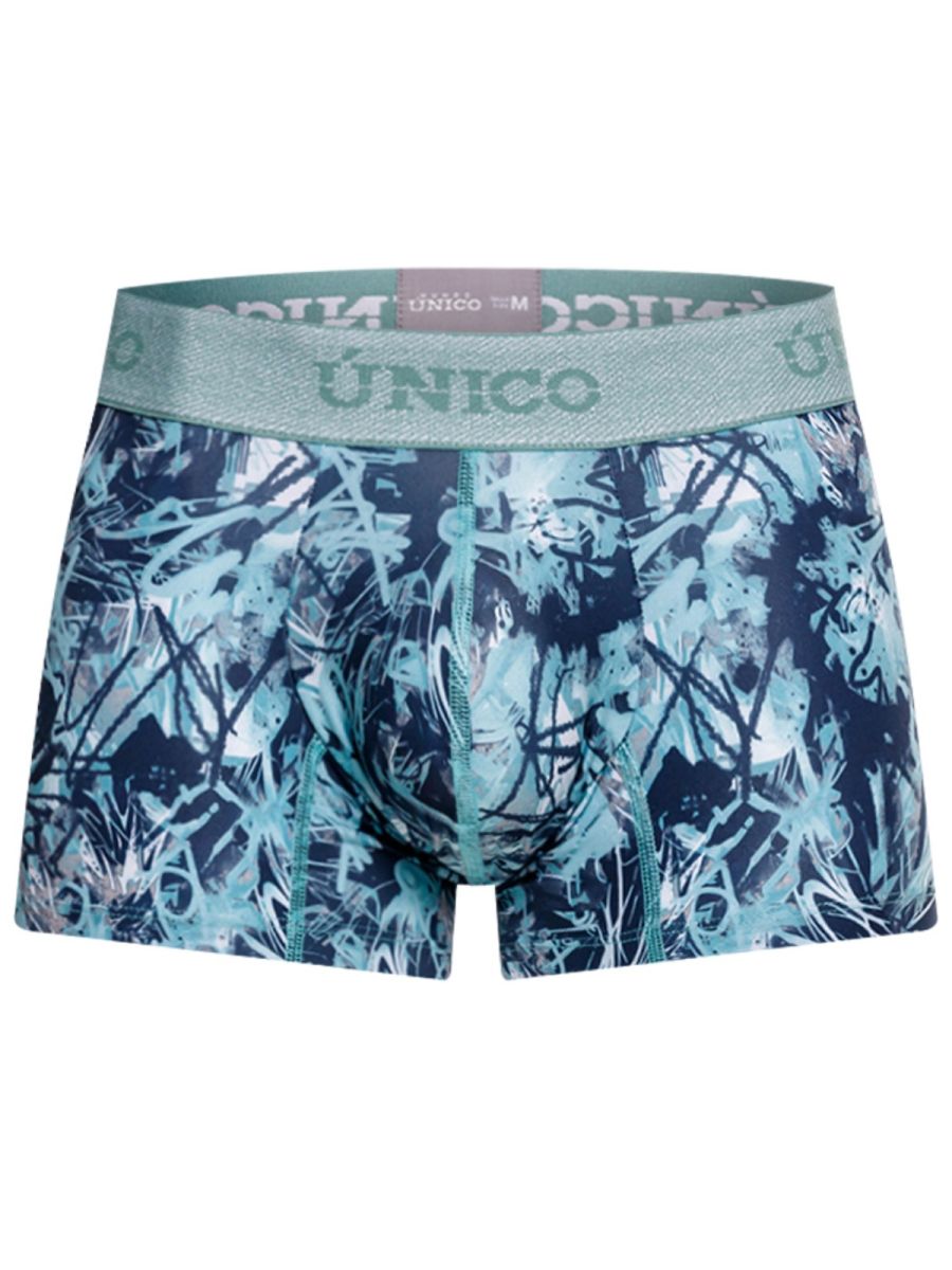 Blue and teal graffiti patterned men’s boxer briefs with matching único logo waistband trunks color 43-blue