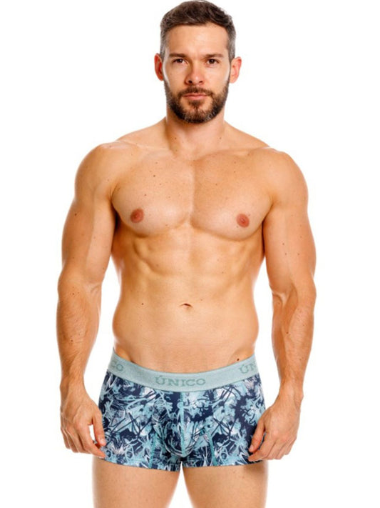 Men’s unico 26040100112 blue and white tropical leaf patterned boxer briefs with light gray elastic waistband