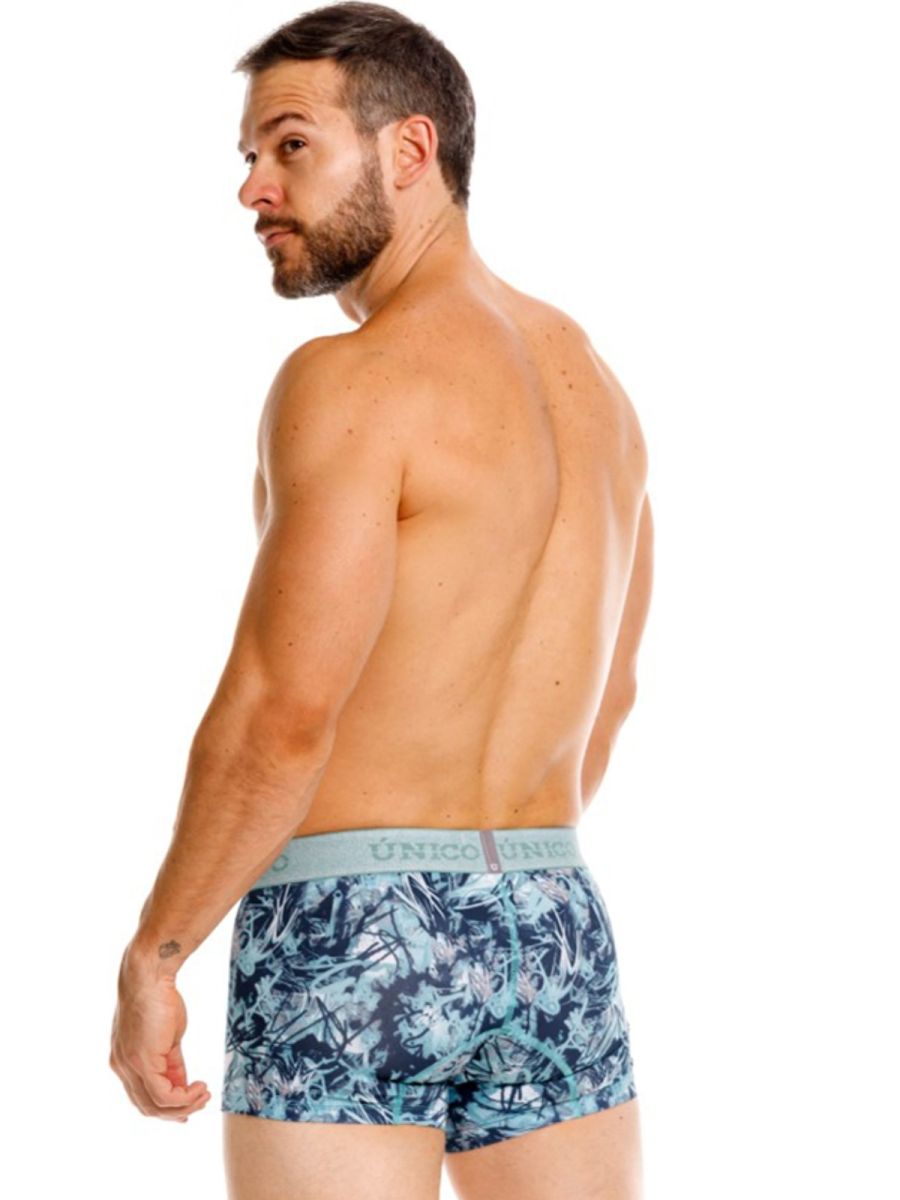 Blue and white tropical leaf patterned men’s boxer briefs with light gray unico waistband trunks color 43 blue