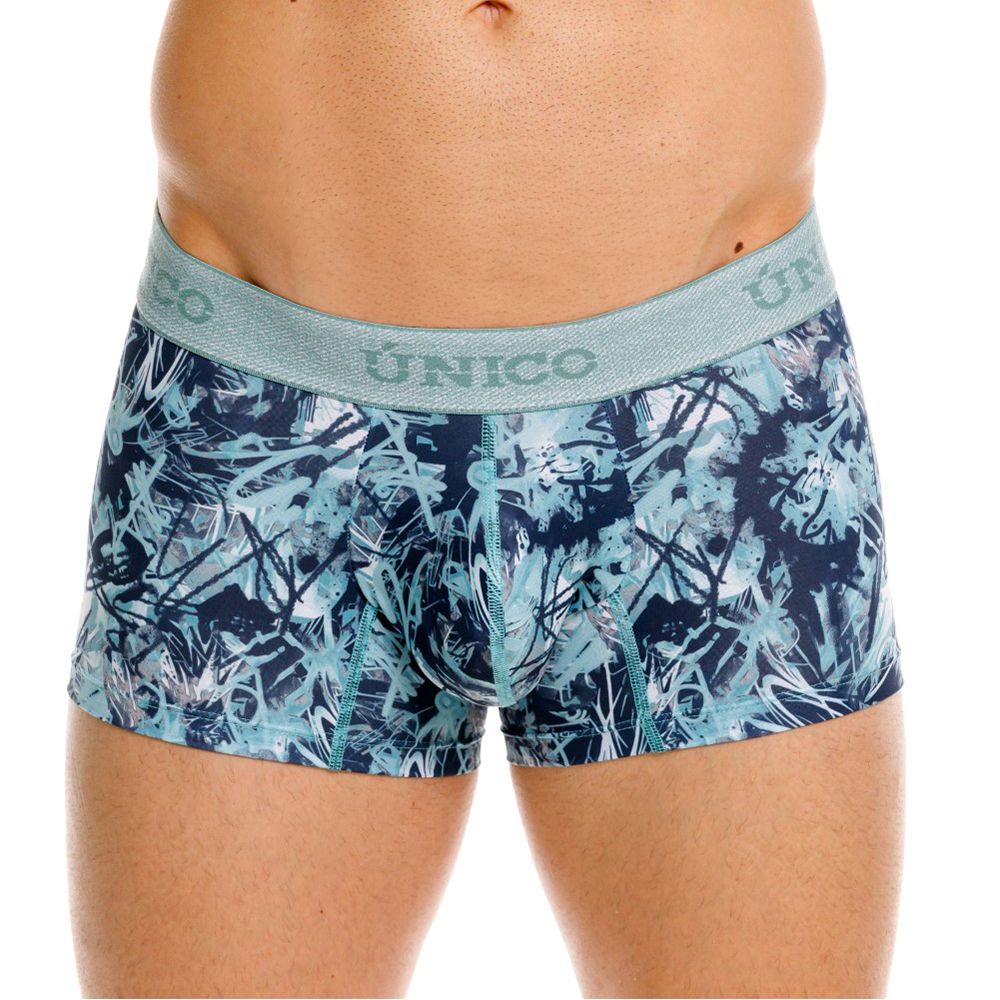 Blue and teal graffiti patterned boxer briefs with light gray unico waistband trunk style color 43 blue