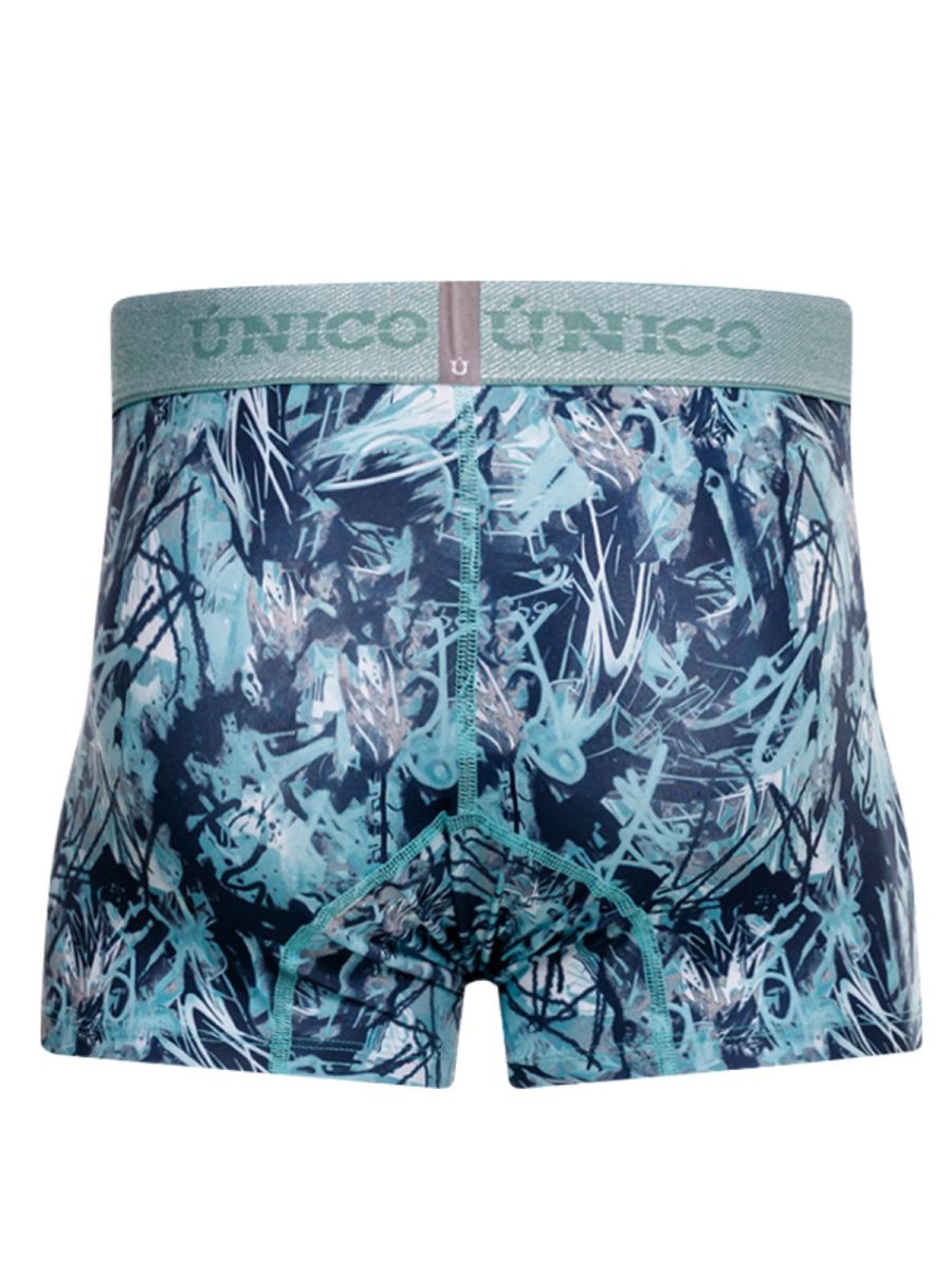 Unico men’s teal and navy blue patterned boxer briefs with textured waistband in color 43 blue trunks style