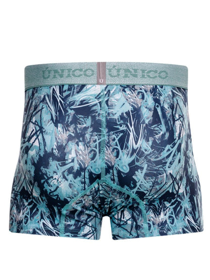 Unico men’s teal and navy blue patterned boxer briefs with textured waistband in color 43 blue trunks style
