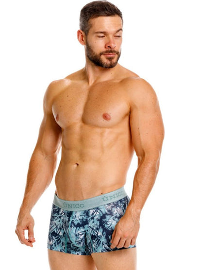 Men’s blue and white tropical leaf patterned briefs with light gray unico elastic waistband trunks color 43-blue