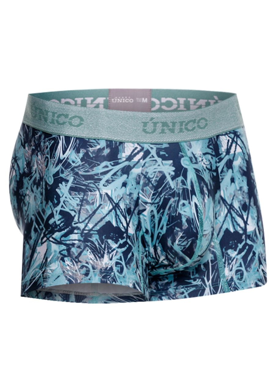 Unico men’s boxer briefs 26040100112 with navy and teal graffiti print and matching elastic waistband in color 43-blue
